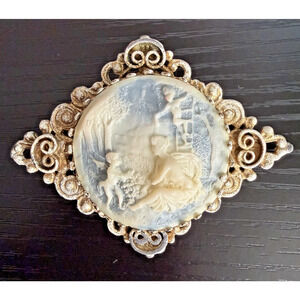 Vintage Cameo Brooch Classical Scene Woman Cherub Ornate Gold Tone Pin